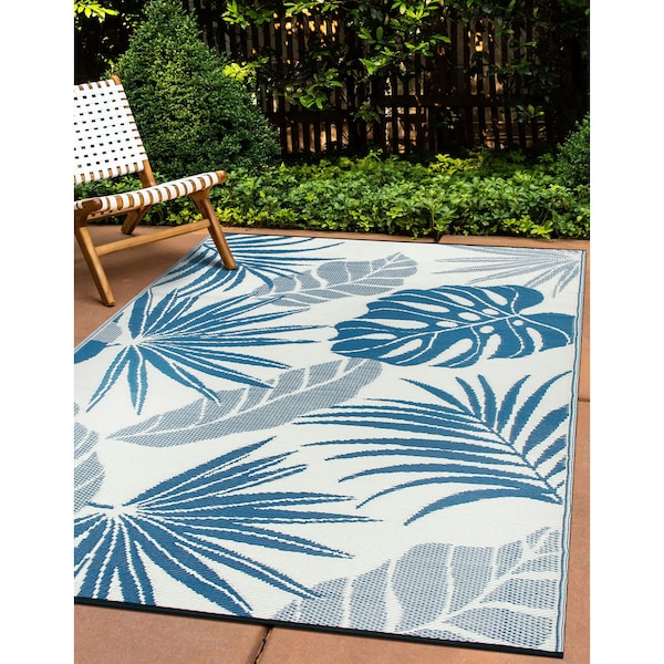 World Rug Gallery Tropical Floral Leaf Reversible Recycled Plastic 3' X 5' Navy Outdoor Rug 6067NAVY3X5 - main